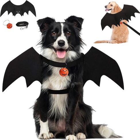 Dog Bat Wings Costume Halloween Pet Costume 3PCS Funny Cat Dog Wings with Leash Pumpkin Jingle Bell Cosplay Bat Clothes for Small Medium Large Dogs Puppy Holiday Outfit Dress (Bat Wings, Medium) in Kuwait