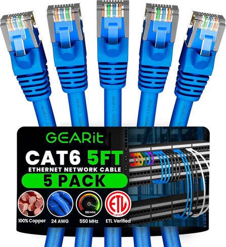 GearIT RJ45 Cat 6 Ethernet Patch Cable (5-Pack) for TV, Modem, PC Gaming, 10Gbps, Gold-Plated Connectors, Snagless, Network Cable, Internet Cable, 5 Feet, Blue in Saudi Arabia