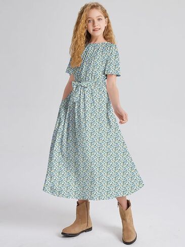 LaBeca Girls Elastic Crew Neck Butterfly Short Sleeve Midi Belted Dress with Pocket Bright Blue 150Y in Saudi Arabia