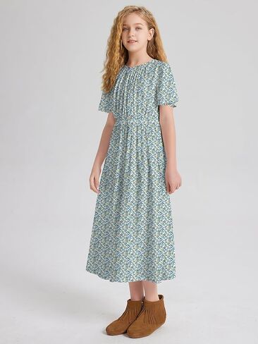 LaBeca Girls Elastic Crew Neck Butterfly Short Sleeve Midi Belted Dress with Pocket Bright Blue 150Y in Saudi Arabia