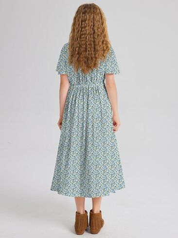 LaBeca Girls Elastic Crew Neck Butterfly Short Sleeve Midi Belted Dress with Pocket Bright Blue 150Y in Saudi Arabia