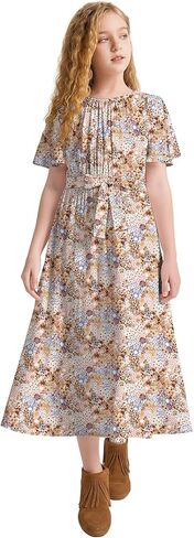 LaBeca Girls Elastic Crew Neck Butterfly Short Sleeve Midi Belted Dress with Pocket Bright Blue 150Y in Kuwait