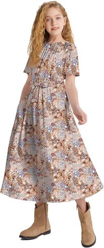 LaBeca Girls Elastic Crew Neck Butterfly Short Sleeve Midi Belted Dress with Pocket Bright Blue 150Y in Kuwait