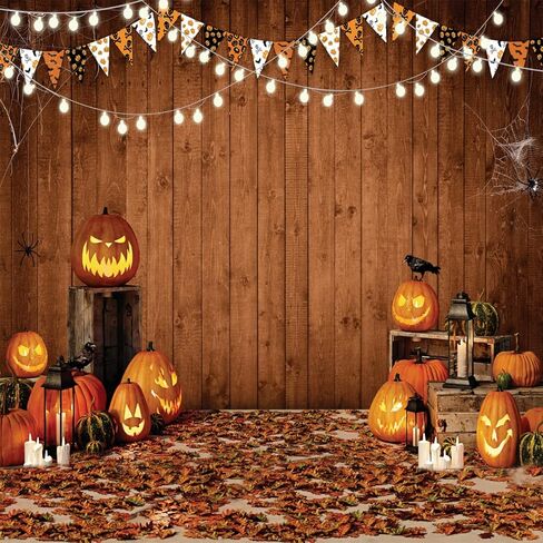 LYCGS 7X5FT Halloween background Halloween Themed Pumpkin Lantern Photography Backdrop Rustic Wood Background Spider web horror nightmare Party Decoration X-54 in Saudi Arabia