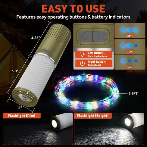 أضواء سلسلة فانوس التخييم RGB (49 قدمًا)، مصابيح يدوية قابلة لإعادة الشحن مع شاحن 4000 مللي أمبير في الساعة، 9 أوضاع، مصابيح تخييم مقاومة للماء IP44، مصباح يدوي فانوس محمول للطوارئ والتخييم والمشي لمسافات طويلة in Saudi Arabia