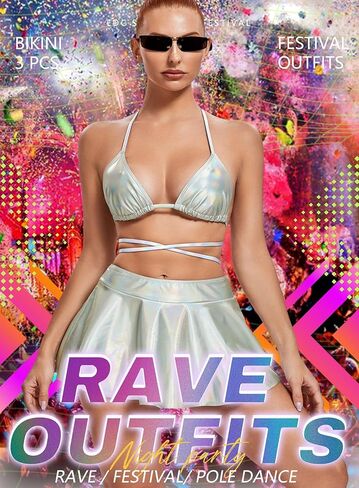 Rave Outfits for Women - Sexy Music Festival Metallic Holographic Strappy Bikini Top Bottom Beach Skirt 3 Piece Set in Kuwait