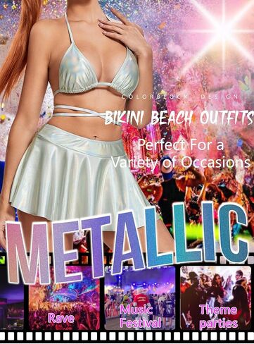 Rave Outfits for Women - Sexy Music Festival Metallic Holographic Strappy Bikini Top Bottom Beach Skirt 3 Piece Set in Kuwait