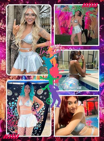 Rave Outfits for Women - Sexy Music Festival Metallic Holographic Strappy Bikini Top Bottom Beach Skirt 3 Piece Set in Kuwait