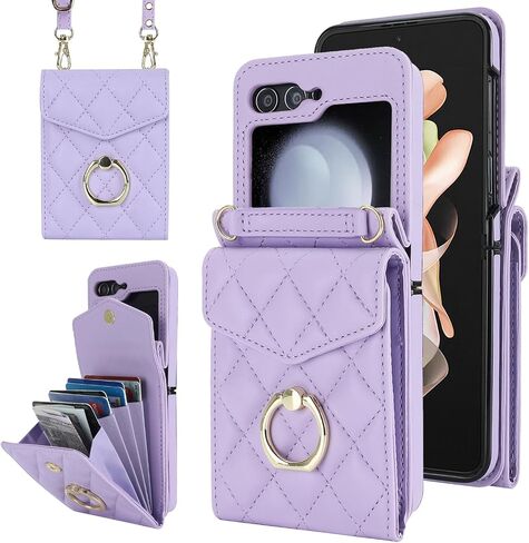 for Samsung Galaxy Z Flip 5 Wallet Phone Case with Ring and Adjustable Crossbody Strap, Stylish and Muti-funtional Accordion Style Flip Case with 4 Card Slots .(Purple) in Saudi Arabia