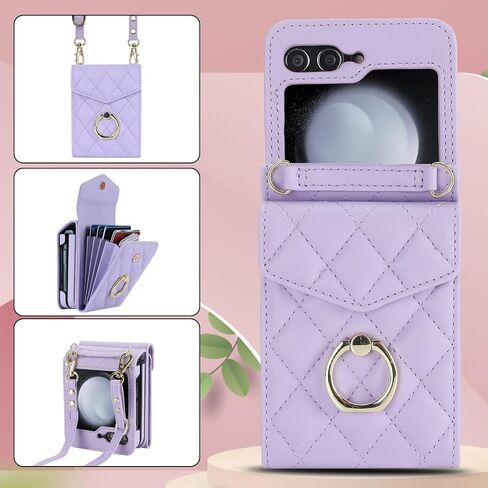 for Samsung Galaxy Z Flip 5 Wallet Phone Case with Ring and Adjustable Crossbody Strap, Stylish and Muti-funtional Accordion Style Flip Case with 4 Card Slots .(Purple) in Saudi Arabia