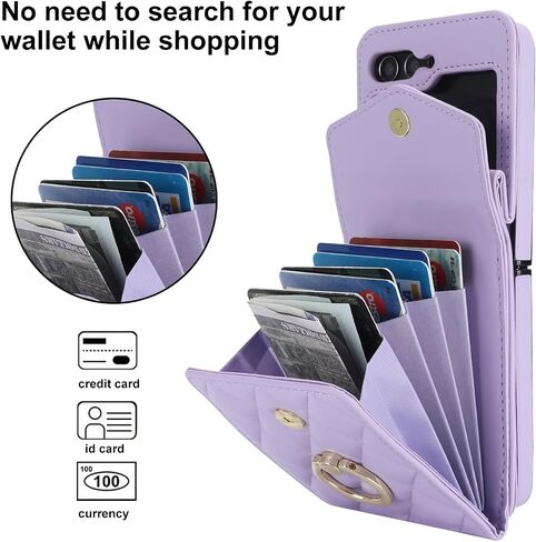 for Samsung Galaxy Z Flip 5 Wallet Phone Case with Ring and Adjustable Crossbody Strap, Stylish and Muti-funtional Accordion Style Flip Case with 4 Card Slots .(Purple) in Saudi Arabia