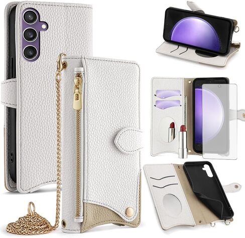 Asuwish Phone Case for Samsung Galaxy S23 FE 5G Wallet Cover with Tempered Glass Screen Protector and Mirror PU Leather Flip Cover Card Holder Slot Stand Crossbody Strap Cell S 23 EF S23FE 23S Black in Saudi Arabia