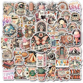 Pack 50 Pcs Vintage Inspirational Stickers Boho Motivational Aesthetic Positive Retro Decal Vinyl Waterproof for Women Adults Kids Teen Decor Laptop Hydro Flask Scrapbook