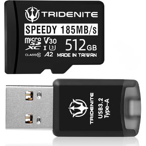 USB 3.2 Type-A MicroSD Memory Card Reader Adapter (DDR-200, Includes 185MB/s Speedy MicroSD 512GB)