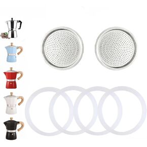 2 Pcs Filter with 4 Pcs Silicone Gasket Seals for 12/14 Cup Stovetop Espresso Coffee Maker Replacement Parts for Octagonal Aluminium Moka Pot