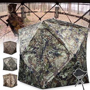 Hunting Blind 1-3 Person with Tri-Leg Hunting Stool, 270 Degree See Through Pop up Ground Blinds for Deer Turkey Duck Hunting, Bow Hunting Adjust Windows with Silent Zipper