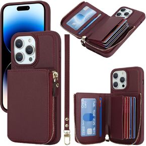 for iPhone 14 pro Phone case Wallet with Zipper Card Holders for Women, for iPhone 14 pro Case Wallet with Credit Card with Ring Kickstand Zipper Stand Case for iPhone14pro - Brown