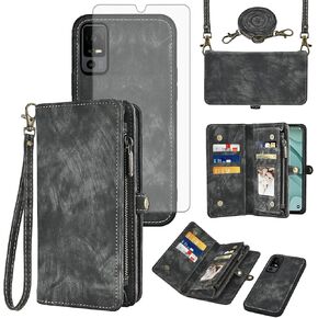 Asuwish Phone Case for TCL 40 XE 5G/40 X Zipper Wallet Magnetic Detachable Cell Cover with Tempered Glass Screen Protector Crossbody Strap Flip Card Holder 40XE5G 40XE EX T609DL 40X T609M Women Red