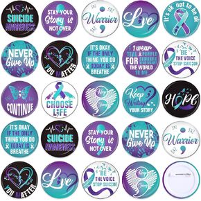 30 Pieces Mental Prevention Awareness Button Pins, Teal Purple Ribbon Semicolon Round Badges World Mental Prevention Day Hope Faith Badges Brooch Pin Decoration Supplies, Clothing Bag Hat Accessories (Teal Purple)