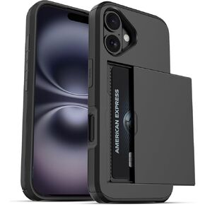 Jiunai for iPhone 16 Case, Card Holder Wallet for 2 Cards Slide Cover Hidden Pocket IDs Credit Cards License Shockprof Protective Dual Layer Wallet Cover Case for iPhone 16 6.1’’ Men Women - Black