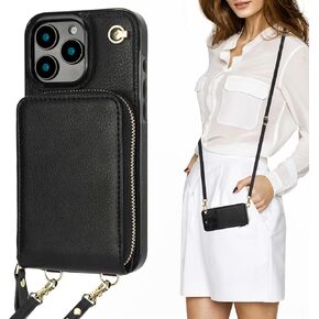 KIHUWEY Crossbody Wallet Case for iPhone 16 Pro Max, Zipper Pocket Case with Card Holder, PU Leather RFID Blocking Protective Cover Case with Kickstand Detachable Wrist Strap Lanyard 6.9" (Black)