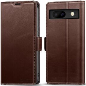 KEZiHOME Case for Google Pixel 8a, [RFID Blocking] Genuine Leather Wallet Case with Card Slots Kickstand Protective Folio Phone Cover for Google Pixel 8a 5G (Black/Brown)