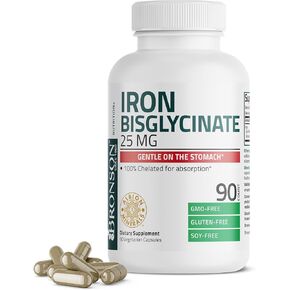 Bronson Iron Bisglycinate 25 mg Gentle on The Stomach, Supports Energy & Healthy Red Blood Cell Production - Non-Constipating Formula - Non GMO, 180 Vegetarian Capsules