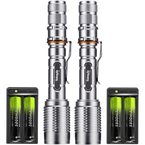 2 Pack Led Flashlights with 4Pcs T18 Rechargeable Batteries and Wall Charger 2 Slots,Super Bright Waterproof Handheld Flashlights for Outdoor, Emergency, Camping