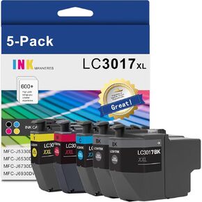 LC3017XL High Yield Ink Cartridges (5-Pack,2 Black/1 Cyan/1 Magenta/1 Yellow) - MNRS Compatible LC3017 XL Ink Cartridges Replacement for Brother LC3017XL MFC-J5330DW MFC-J6530DW MFC-J6530DW Printer