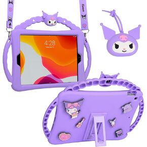 for iPad 9th 8th 7th Generation Case, iPad 10.2 inch Case with Wallet Kickstand Shoulder Straps Handles Cute Cartoon Soft Silicone Tablet Cover for Kids Girls Boys (Purple)