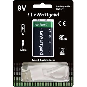Rechargeable 9V Lithium Batteries, 9V 1000mAh(9000 mWh) Long Lasting Rechargeable Batteries USB C 1000 Cycles Charge for Smoke Detector Quick Charge in 2 Hours