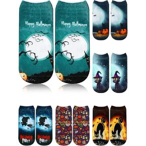 Boao 6 Pieces Halloween Socks 3D Print Short Socks Casual Funny Halloween Pumpkin Cat Ankle Socks