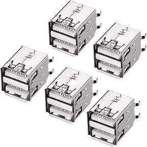uxcell PCB USB Connector Type-A Dual Port Female Jack Vertical Four Bend Foot 5pcs