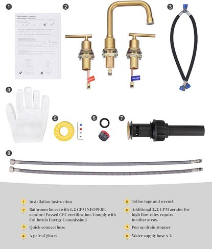 صنبور الحمام ذو 3 فتحات باللون الأسود: صنبور حوض الحمام WOWOW 8 بوصة واسع الانتشار، صنبور الغرور بمقبضين مع استنزاف منبثق وخطوط إمداد، صنبور مرحاض دوار 360 درجة، صنبور حديث عالي القوس (مجموعتان) in Kuwait