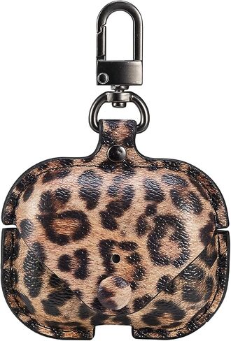 Cute Leather Case for Airpods Pro, IMPAWFAN Soft Genuine Leather Protective Cover Skin with Keychain, Shockproof Headphone Cases for AirPods Pro Wireless Charging Case Women-Leopard in Saudi Arabia