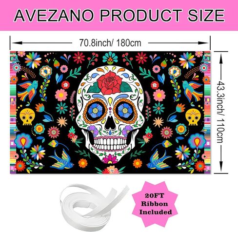 Avezano يوم الموتى خلفية المكسيكية فييستا الزهور السكر الجمجمة خلفية ضياء دي لوس Muertos راية حفلة يوم الموتى الزينة للصور 70.8x43.3 بوصة in Saudi Arabia