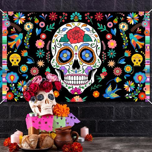 Avezano يوم الموتى خلفية المكسيكية فييستا الزهور السكر الجمجمة خلفية ضياء دي لوس Muertos راية حفلة يوم الموتى الزينة للصور 70.8x43.3 بوصة in Saudi Arabia
