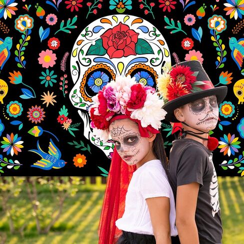 Avezano يوم الموتى خلفية المكسيكية فييستا الزهور السكر الجمجمة خلفية ضياء دي لوس Muertos راية حفلة يوم الموتى الزينة للصور 70.8x43.3 بوصة in Saudi Arabia