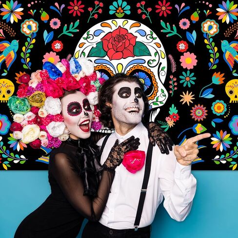 Avezano يوم الموتى خلفية المكسيكية فييستا الزهور السكر الجمجمة خلفية ضياء دي لوس Muertos راية حفلة يوم الموتى الزينة للصور 70.8x43.3 بوصة in Saudi Arabia