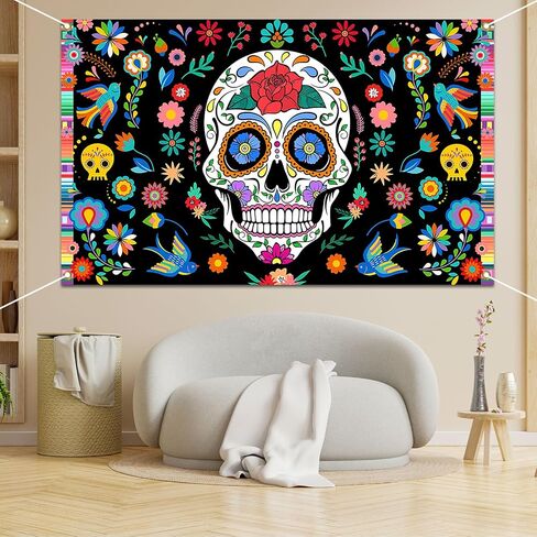 Avezano يوم الموتى خلفية المكسيكية فييستا الزهور السكر الجمجمة خلفية ضياء دي لوس Muertos راية حفلة يوم الموتى الزينة للصور 70.8x43.3 بوصة in Saudi Arabia