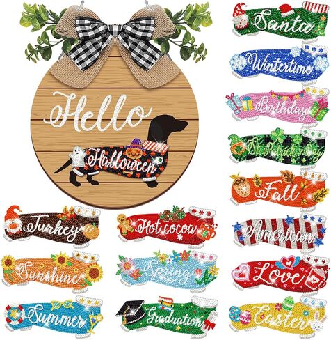 GlikCeil 16 Pcs Magnetic Diamond Painting Kit Interchangeable Welcome Sign Seasonal Door Hanging Sign Rustic Dachshund Dog DIY Detachable Home Decor for Porch Wall Summer 4th of July(Classic Style) in Saudi Arabia