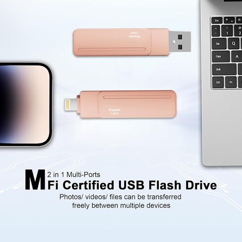 محرك أقراص فلاش USB معتمد من MFi لهاتف iPhone، عصا صور لتخزين الهاتف، شريحة ذاكرة لهاتف iPhone سعة تخزينية موسعة 128 جيجابايت، وردي in Saudi Arabia