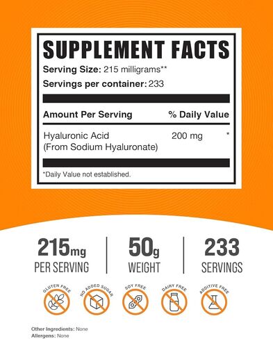 BULKSUPPLEMENTS.COM مسحوق حمض الهيالورونيك - مكملات حمض الهيالورونيك - حمض الهيالورونيك 200 ملغ - حمض الهيالورونيك من الدرجة الغذائية - 200 ملغ من حمض الهيالورونيك النقي لكل وجبة (50 جرام - 1.8 أونصة) in Kuwait