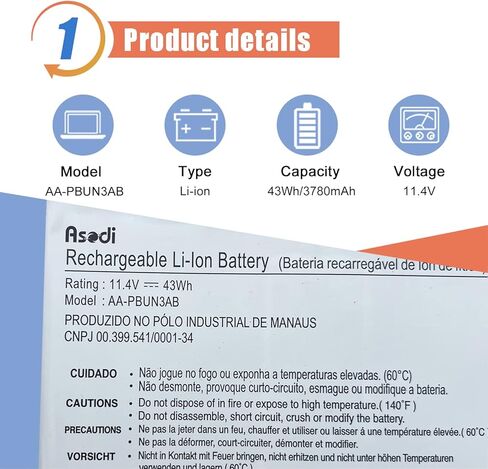 ASODI AA-PBUN3AB Laptop Battery Compatible with Samsung NP530E5M NP530E5M-X02US NP550XTA-K01US NP740U3L-L02US NP740U5L NP740U5L-Y03US NP730QAA NP530E5M NP740U NP740U3L Series AA-PBUN3QB 43Wh in Kuwait