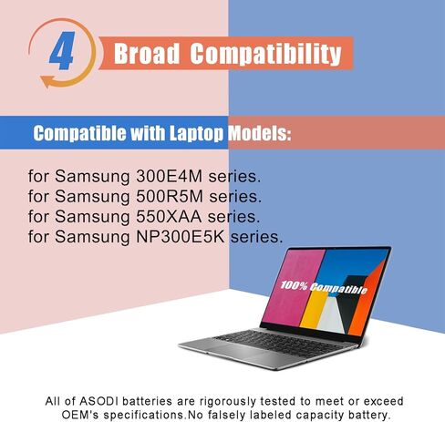 ASODI AA-PBUN3AB Laptop Battery Compatible with Samsung NP530E5M NP530E5M-X02US NP550XTA-K01US NP740U3L-L02US NP740U5L NP740U5L-Y03US NP730QAA NP530E5M NP740U NP740U3L Series AA-PBUN3QB 43Wh in Kuwait