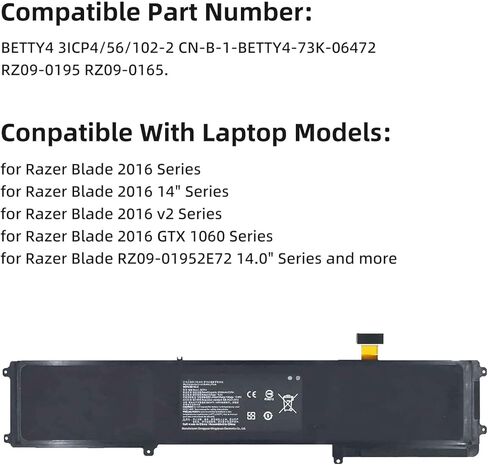 بطارية BETTY4 لجهاز Razer Blade مقاس 14 بوصة 2016 2017 .4 فولت 70 وات في الساعة in Saudi Arabia