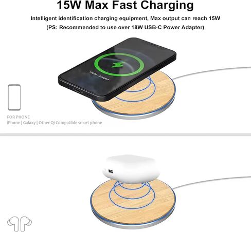 Wood Wireless Charger Pad, 15W Fast Charge, Qi Certified, Compatible with iPhone, Elegant Home or Office Decor (Redwood) in Saudi Arabia