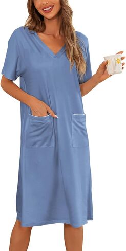 YYA Loose Nightgowns for Women Short Sleeve Sleepwear V Neck Nightshirt with Pockets Soft Pajama Dress S-3XL in Kuwait