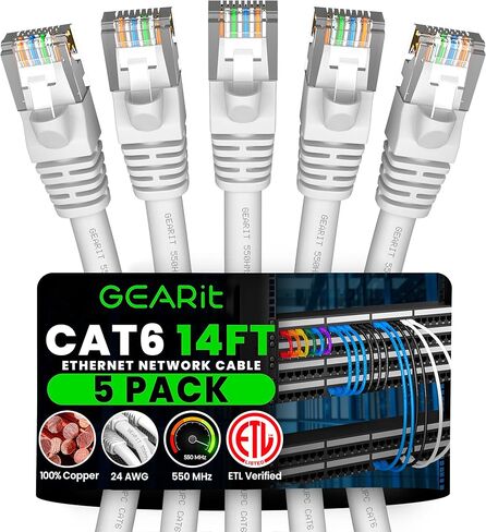 GearIT RJ45 Cat 6 Ethernet Patch Cable (5-Pack) for TV, Modem, PC Gaming, 10Gbps, Gold-Plated Connectors, Snagless, Network Cable, Internet Cable, 14 Feet, White in Saudi Arabia