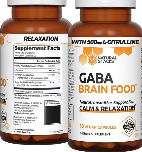 NATURAL STACKS GABA Supplement w/L-Citrulline & Grape Seed Extract - 20 Servings (60 ct.) - Deep Relaxation and Calm - Night Time Aid - Brain Food Formula Promotes GABA (Gamma-Aminobutyric Acid) in Saudi Arabia
